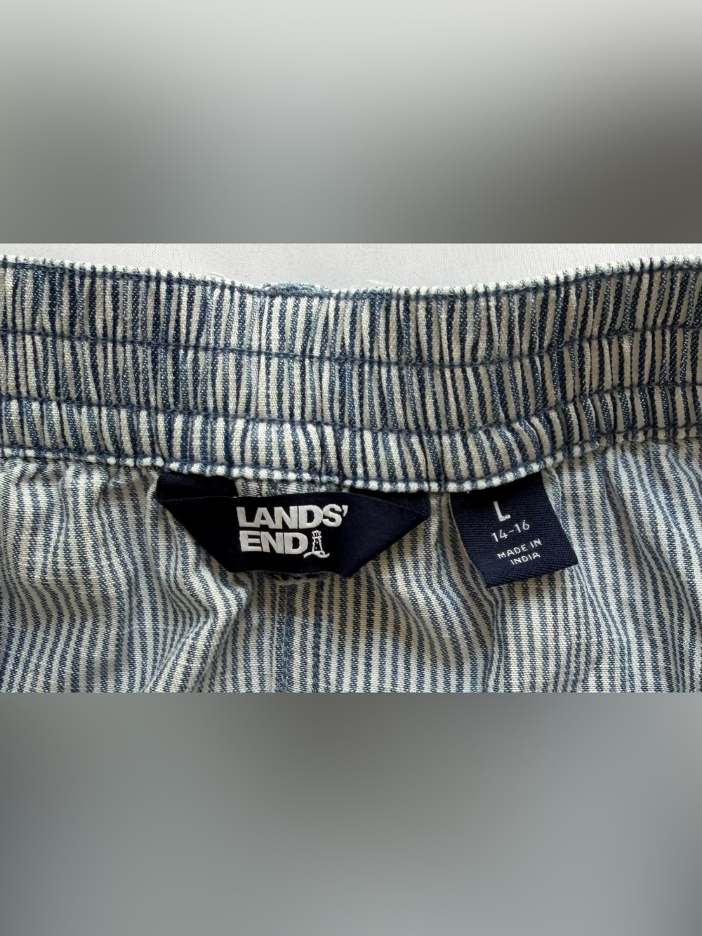 Lands’ End Womens Skirt Midi Large Pull On Fabric Belt Blue White Stripe Pockets - Picture 5 of 13